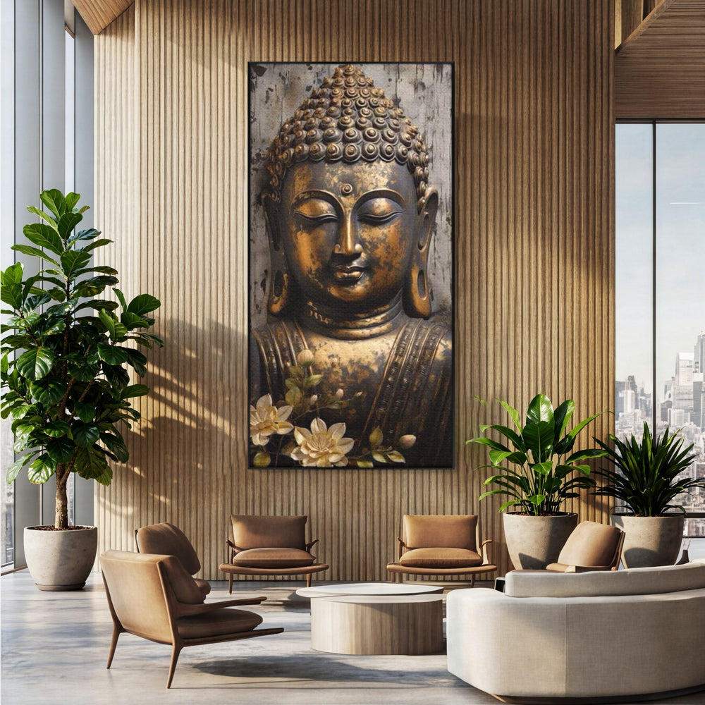 Tablou canvas cu tablou canvas cu capul lui buddha, in rama de aluminiu negru, pe perete intr-un birou